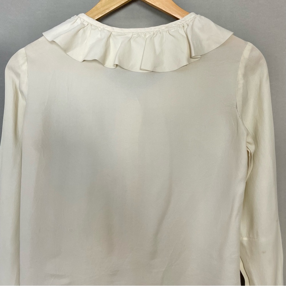 Vintage Blouse Ruffle Neckline Cuffs FLAWS Off-White‎ Cream Button-Up Top Twee - Picture 7 of 13